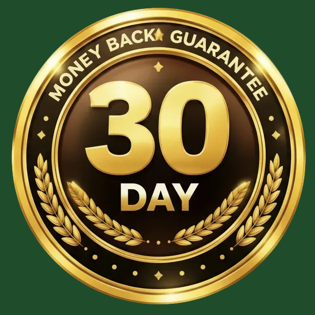 Medalla dorada de MONEY BACK GUARANTEE 30 DAY sobre fondo verde 1F4D2B